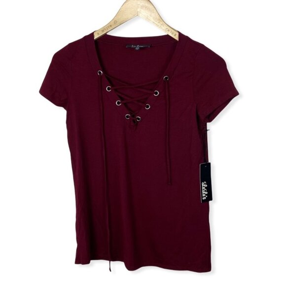 Lulus Enjoy The Ride Wine Red lace Up Short Sleeve Tee T-Shirt Boho NEW XS Boho - Picture 3 of 12